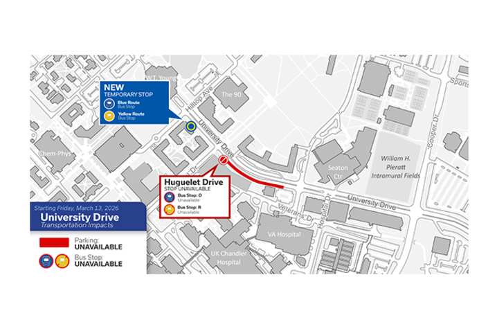 Photo of map showing the Huguelet Drive bus stop closure and a new temporary stop on University Drive.