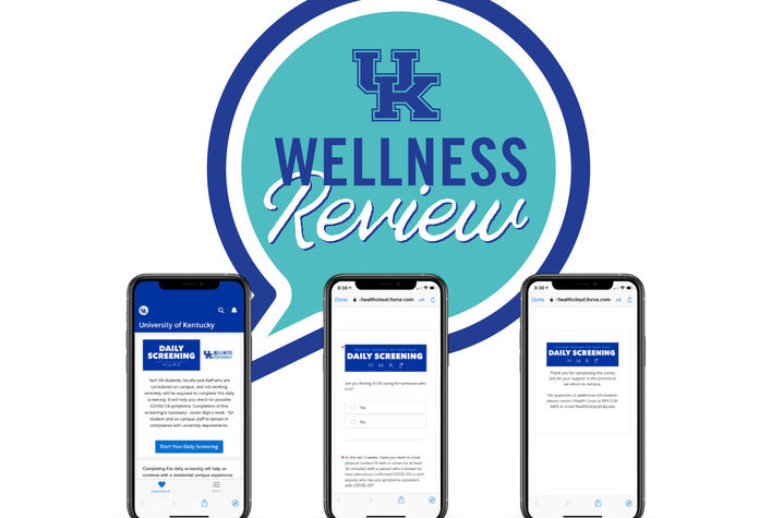 photo of daily screening questionnaire on cell phones with writing "UK Wellness Review"