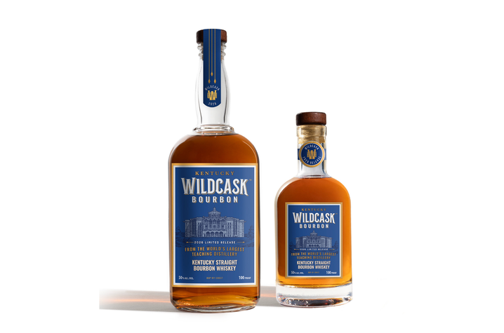 photo of Wildcask Bourbon bottles Two bottles of Wildcask Bourbon with blue labels displayed on a white background.