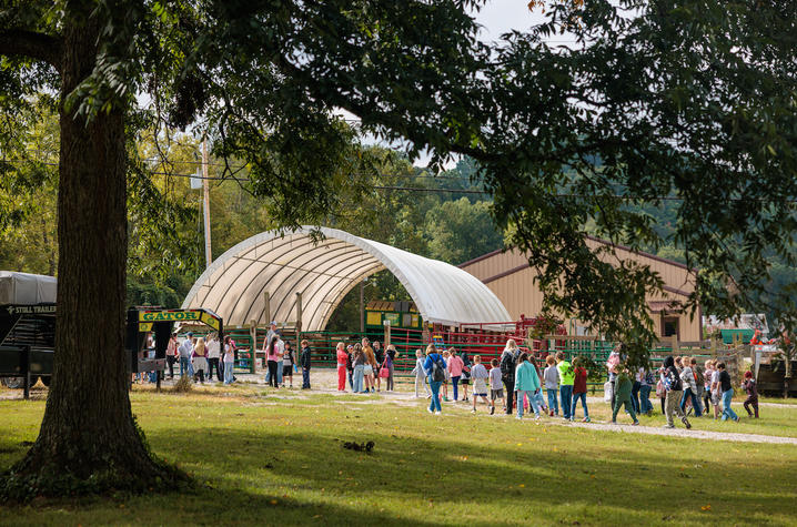 A group of children and adults walk along a gravel path at an outdoor agricultural facility, gathering near livestock pens and a covered barn structure. Large shade trees frame the scene in the foreground.