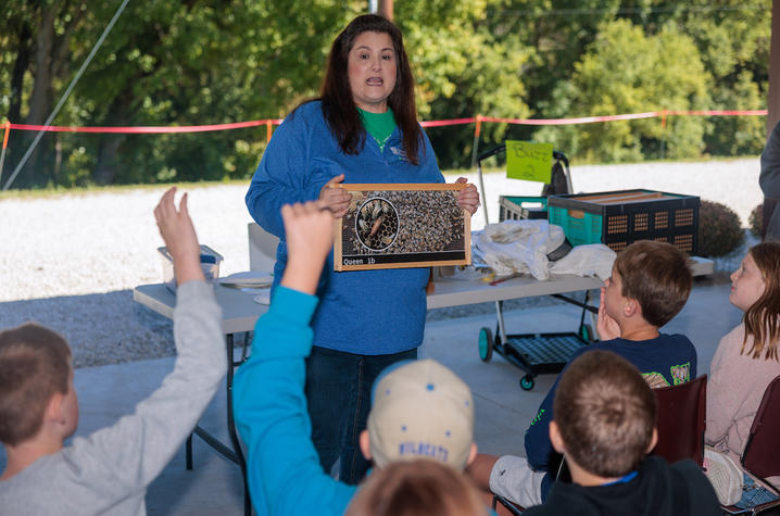 An educator holds up a frame filled with honeybees while speaking to a group of seated children under an open-air pavilion. Several children raise their hands during the presentation.