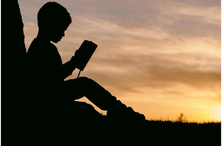 A young boy sits beneath a tree with book in hand