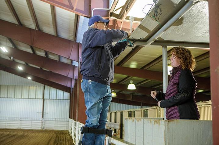 Staci McGill and Bob Coleman install environmental monitoring devices in Lakeside Arena. Photo by Matt Barton, UK Agricultural Communications Specialist