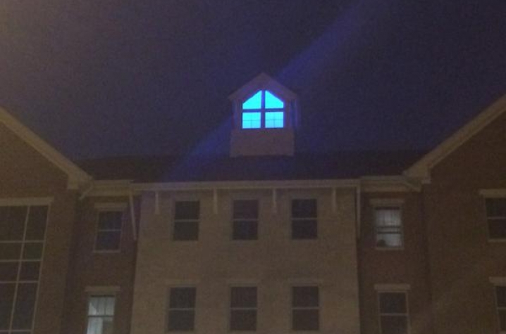 blue light on Haggin Hall