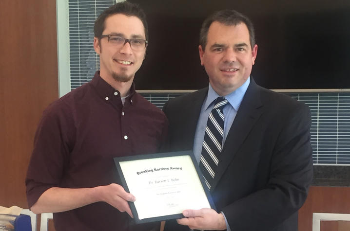 Breaking Barriers Award winner, Levi Bolin, with David Beach, director of the Disability  Resource Center 