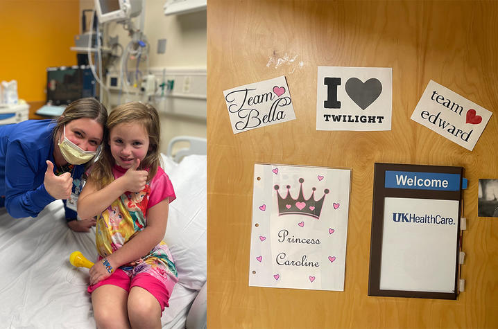 On left, Caroline with her nurse. On right, Caroline’s decorated door.