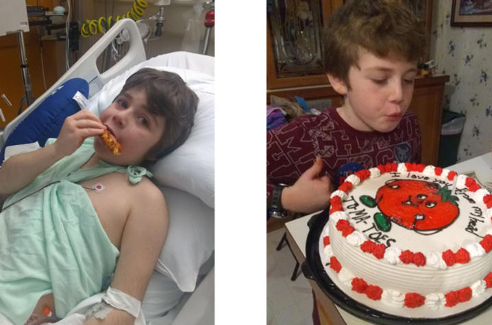 photo on left, Chance eating pizza. Photo on right, Chance with a cake