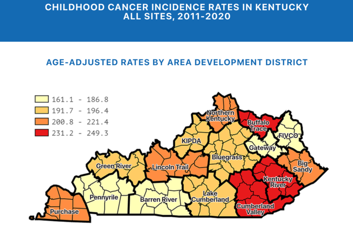 Map of Kentucky showing childhood cancer rates by region