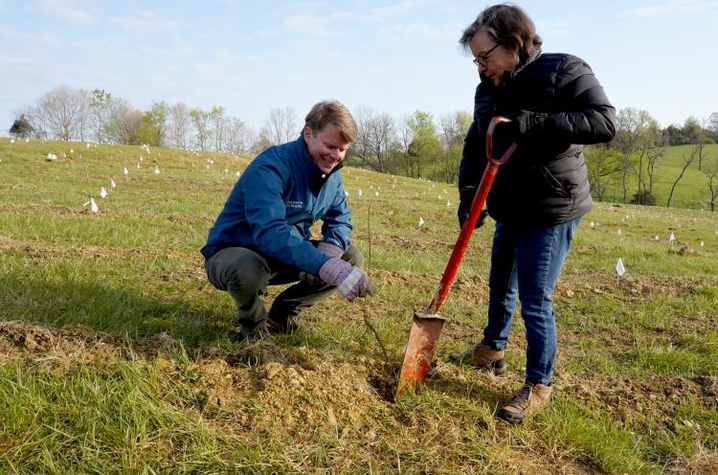 photo of Rob Samuels and Dean Nancy Cox planting white oak