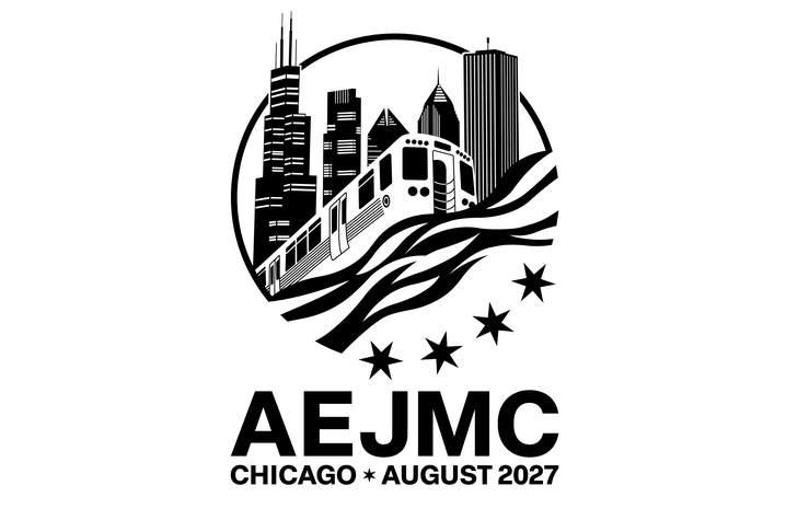 Black-and-white AEJMC logo featuring Chicago’s skyline, a train, wavy stripes and four stars above the text “AEJMC Chicago • August 2027.”
