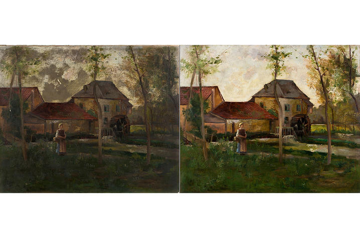 photos of Maud Spiller Holt's "Village Scene" before and after conservation