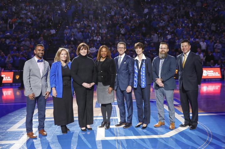 photo of 2020 Great Teacher Award winners on floor of Rupp Arena