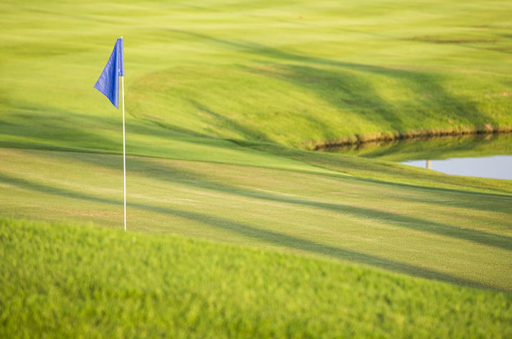 Blue golf flag on golf course