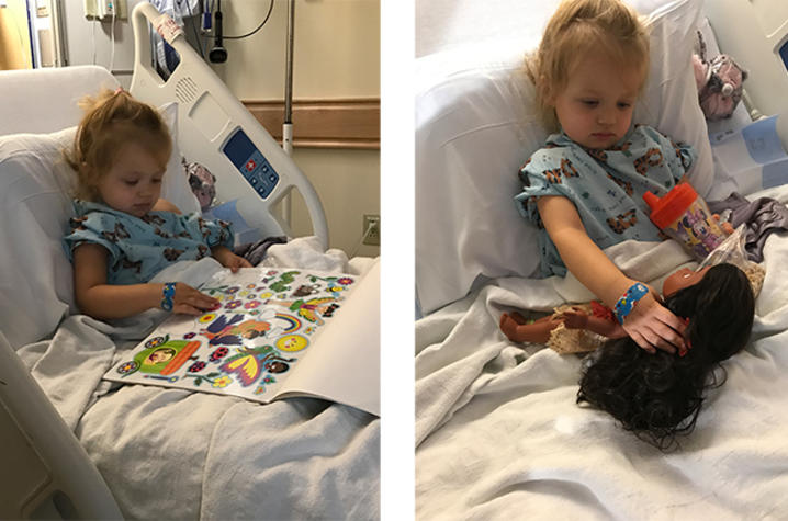 array of images showing Harper playing with toys in her hospital bed