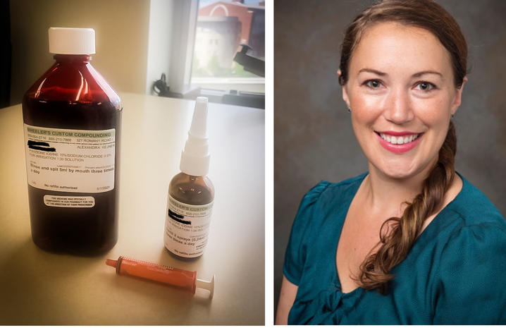 The antiseptic nasal spray and gargle being used in the study (Left). Lead investigator Alexandra Kejner, MD (Right). 