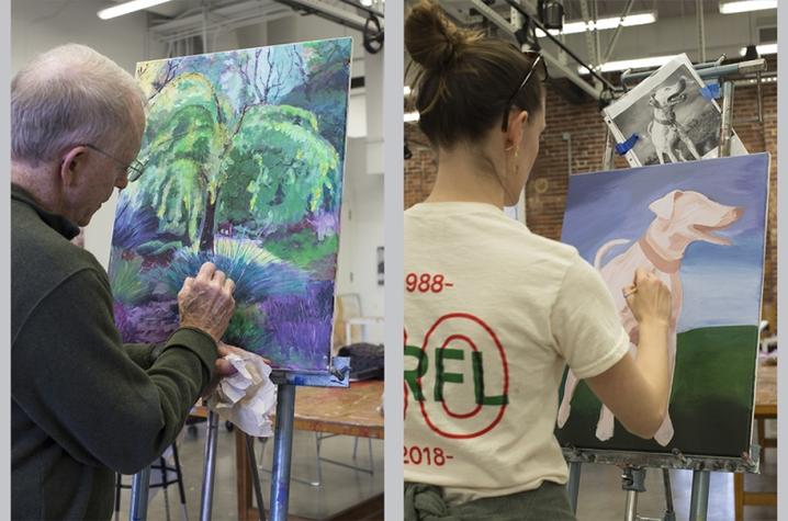 2 photos of individual students painting in Fine Arts Institute class