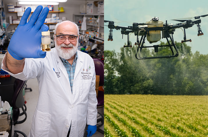 man in lab coat holds test tube with tick specimen and drone sprays cornfield
