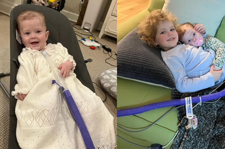 image on left - baby in baptismal gown with trach tube. Image on right - child lying on couch holding baby