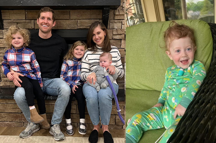 image on left - Parents and three daughters pose in front of a fire place. Image on right - Baby in green onesie pajamas sitting upright in a chair, smiling at camera. 