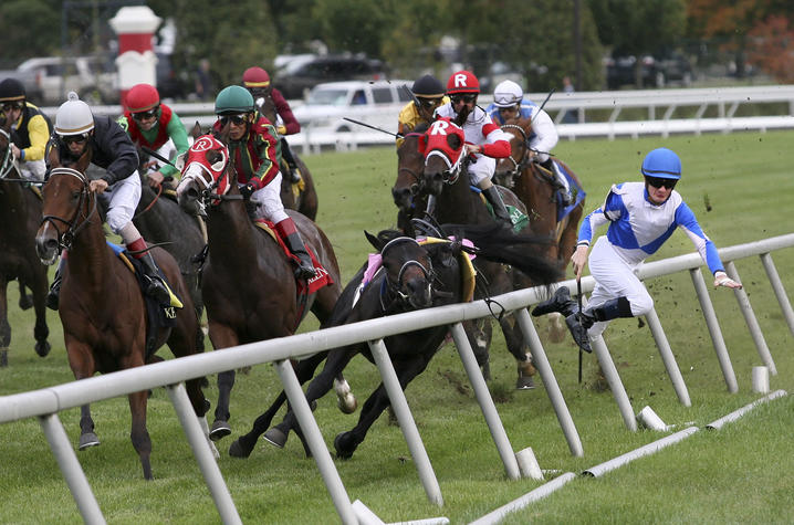 Photo of a jockey falling off his horse