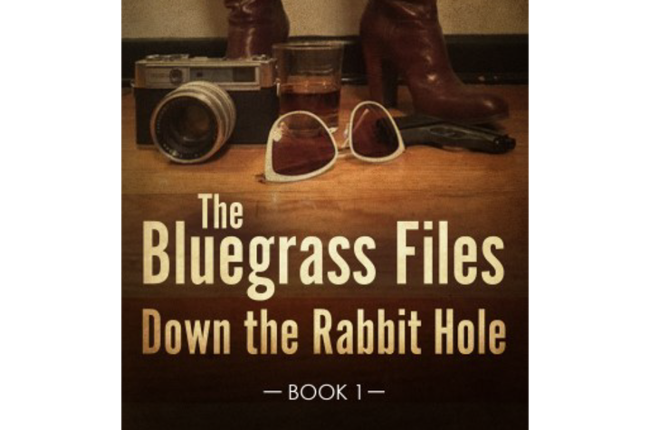 Book cover for "Down the Rabbit Hole" featuring heeled boots, a camera, pair of sunglasses and drink glass