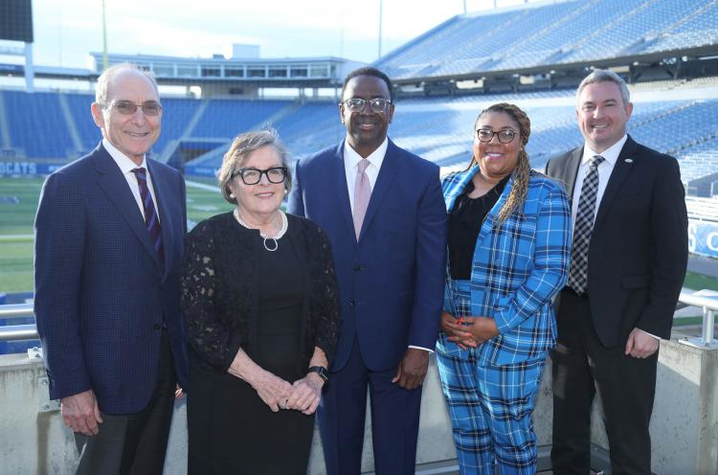 L-R: UK President Eli Capilouto, UK CAFE Dean Nancy Cox, Jim Coleman, UK Associate Dean of Diversity, Equity and Inclusion Mia Farrell and Kentucky Commissioner of Agriculture Ryan Quarles. Photo by Matt Barton, UK Agricultural Communications Specialist