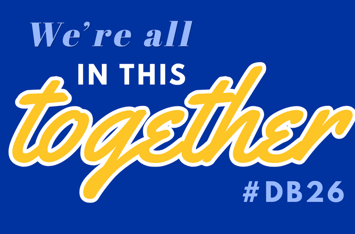 photo of DanceBlue 2026 graphic Blue graphic with white ribbon and DB logo, reading “We’re all in this together” in white and yellow script, with hashtag #DB26.