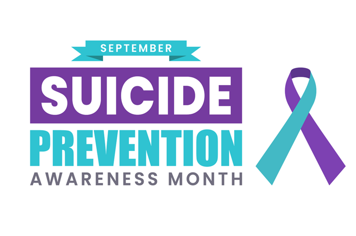 Graphic for Suicide Prevention Awareness Month featuring the words “September Suicide Prevention Awareness Month” and a teal and purple awareness ribbon on a light gray background.