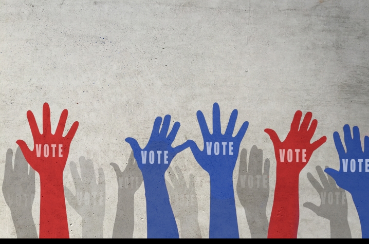 artwork of red, blue and gray hands with vote on them