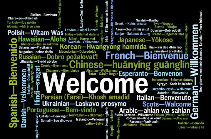 photo of welcome graphic in several languages