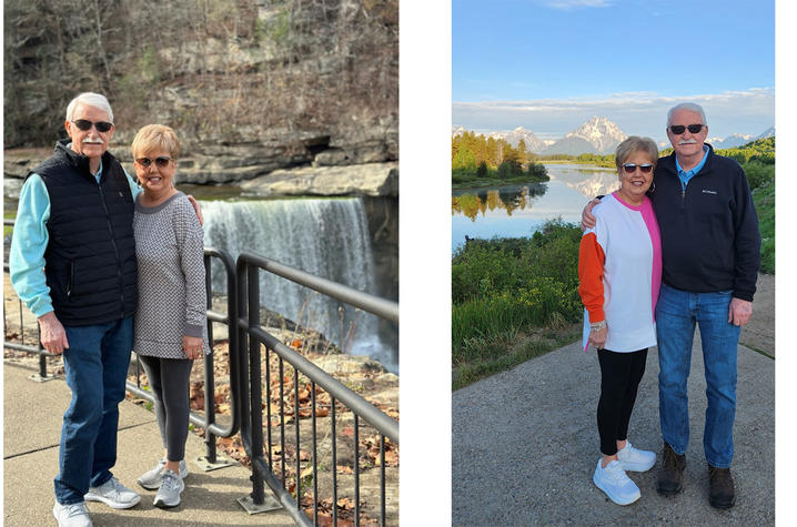 Two images: on left, Steven and Janice in front of Cumberland Falls. On right, Steve and Janice in Jackson Hole