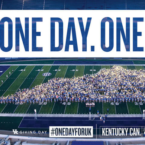photo of students in Kentucky formation on football field with text: One Day. One UK. 