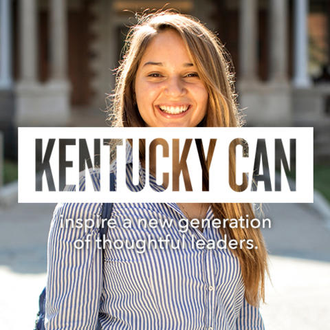 "Kentucky Can" logo over photo of student