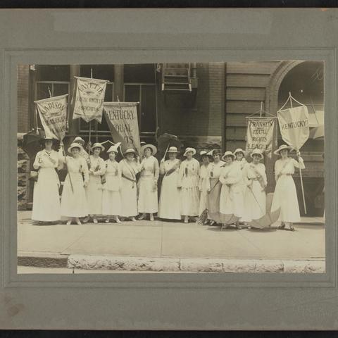A photo from Laura Clay's papers shows suffragists marching for the Madison, Fayette and Franklin Kentucky Equal Rights Association at Democratic National Convention in St. Louis in 1916. Photo courtesy of ExploreUK.