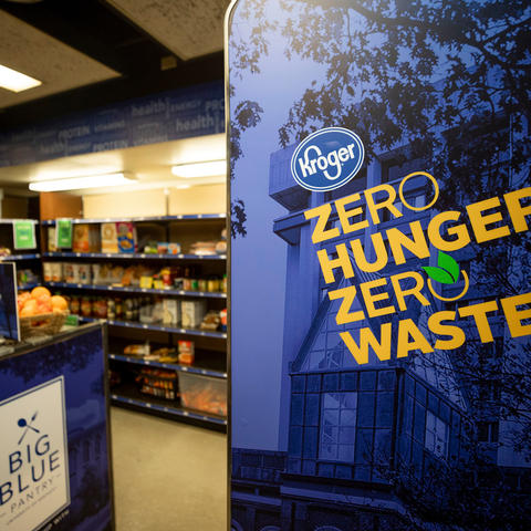 Detail of Big Blue Pantry wall with Kroger logo and writing