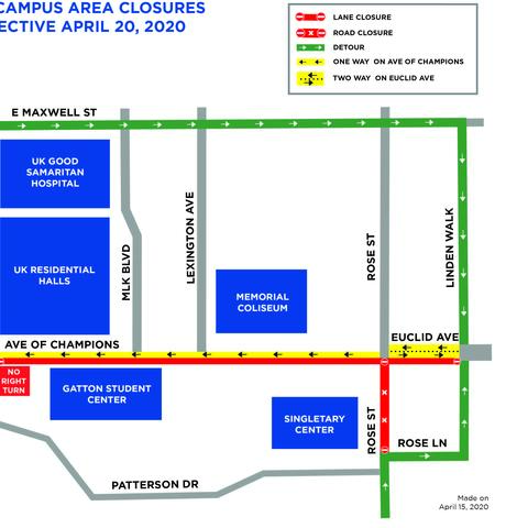 map of Avenue of Champions and Rose Street vicinity with closures and traffic pattern