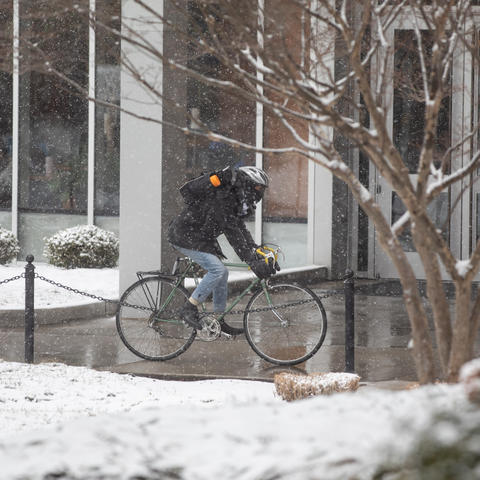 Cyclist in the snow. 