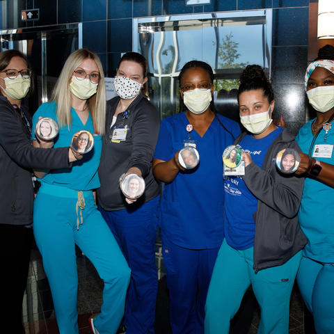 Barnstable Brown Diabetes Clinic uses picture pins so the children know what their caretaker looks like behind the masks. L-R Angela Hepner, Brooke Combs, Shannon O'Mara, Shana Atanga, Brianna Romano, Keila Guy. Photo by Mark Cornelison | UKphoto