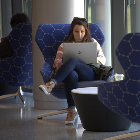 Girl sitting, using her laptop. 