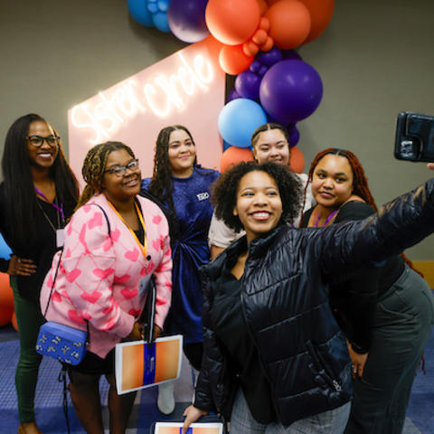 Photo of girls taking selfie. 