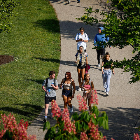 students walking outside on campus in the spring