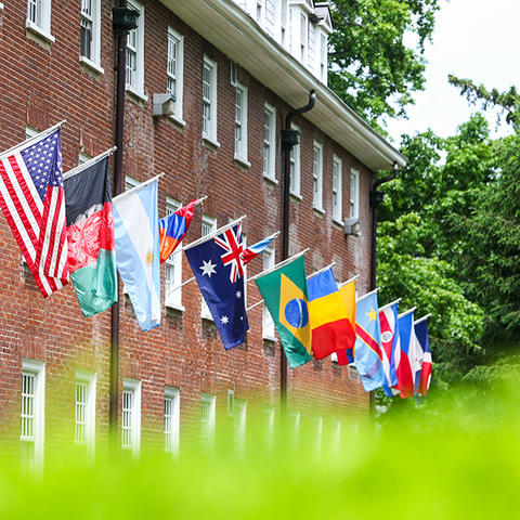 International flags outside Bradley Hall