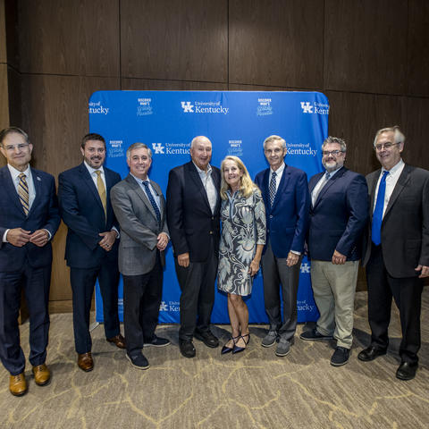 UK leaders were joined by members of the Barnstable Brown family and board members of The Bill Gatton Foundation to announce the gift. L-R Robert DiPaola, Jake Lemon, Simon Fisher, Ray and Barbara Edelman, Danny Dunn, Rob Peel, and Chipper Griffith.