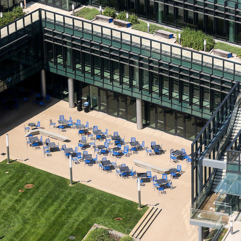 an aerial view of the courtyard at the student center