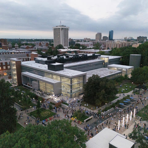 This is a photo of the University of Kentucky campus in the evening. 