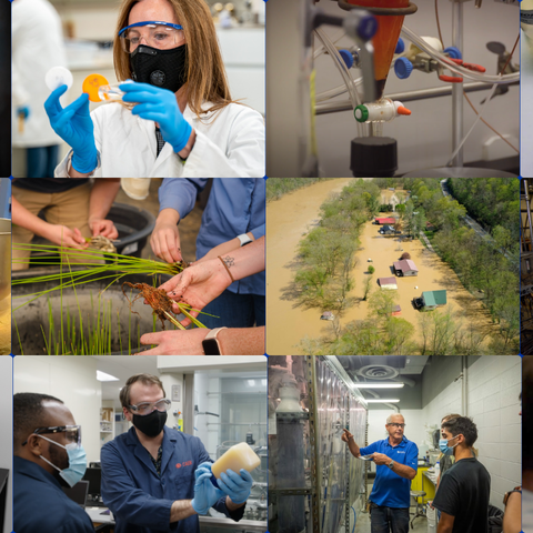 a collage of pictures shows a variety of research at UK from coal related work to agriculture to flooding to concrete and cements
