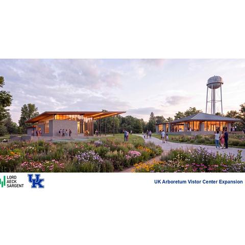 Architectural rendering of the UK Arboretum Visitor Center expansion at dusk, featuring two modern, warmly lit buildings connected by pathways and surrounded by colorful native-style gardens. Visitors walk and gather throughout the landscaped grounds