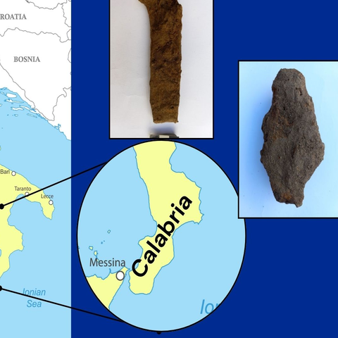Map of Italy with callout to Calabria and photos of two weapons fragments