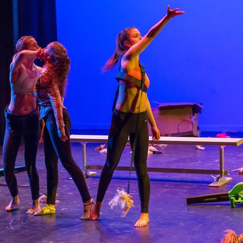 photo of 3 dancers performing "Choking Hazard" by Cecilia Pont