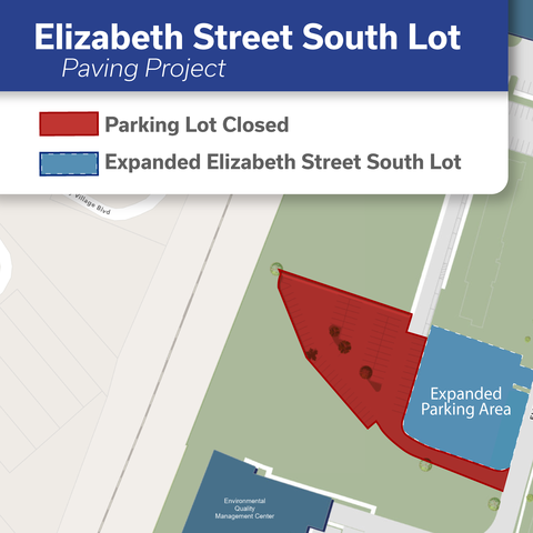 Map of the Elizabeth Street South Lot paving project. The existing lot west of Elizabeth Street is marked in red as closed; the expanded parking area beside it is marked in blue.